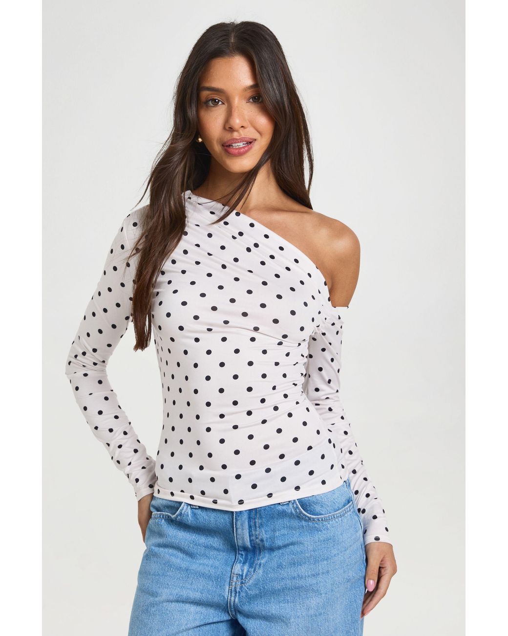 Boohoo White Polka Dot One Shoulder Top