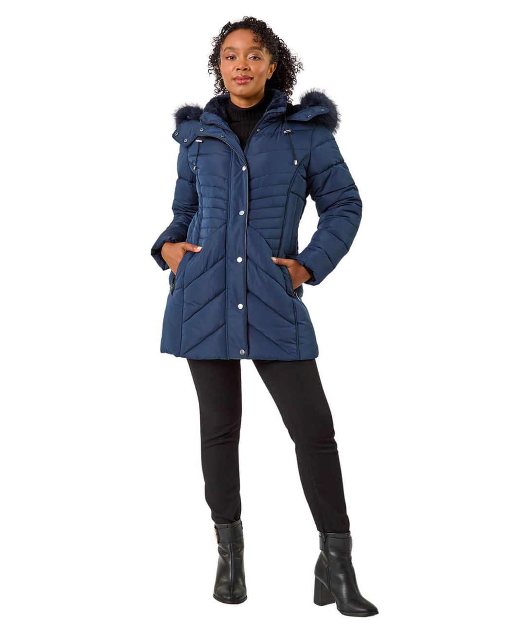 Roman Blue Petite Hooded Longline Quilted Coat