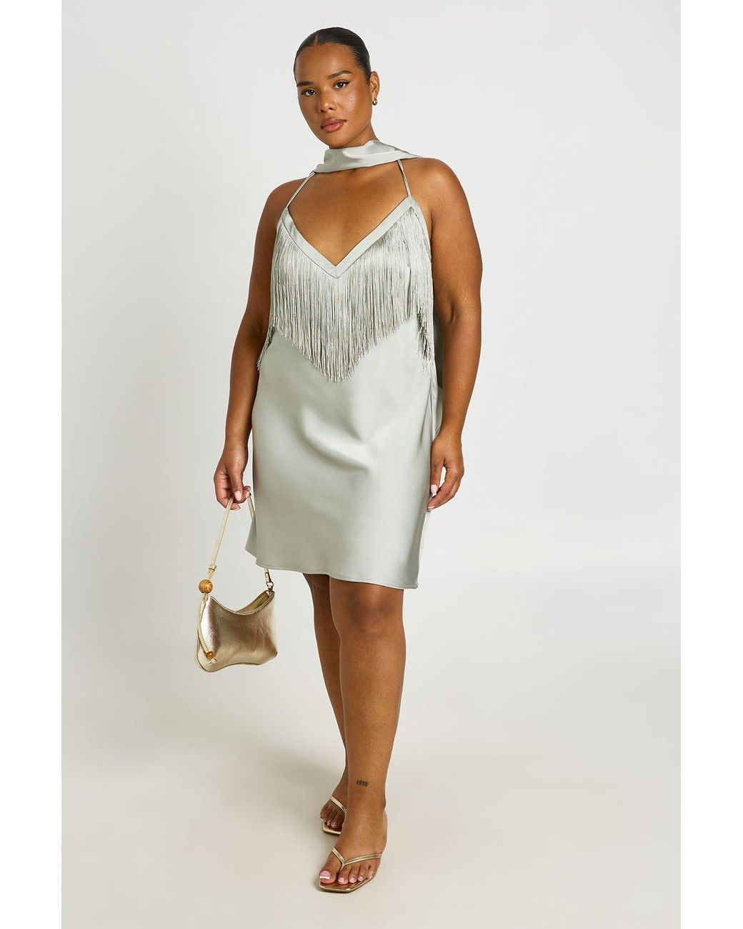 plus white long sleeve tassel hem drape detail bodycon dress Boohoo V Plunge With Scarf Mini in Green minimal finish up top