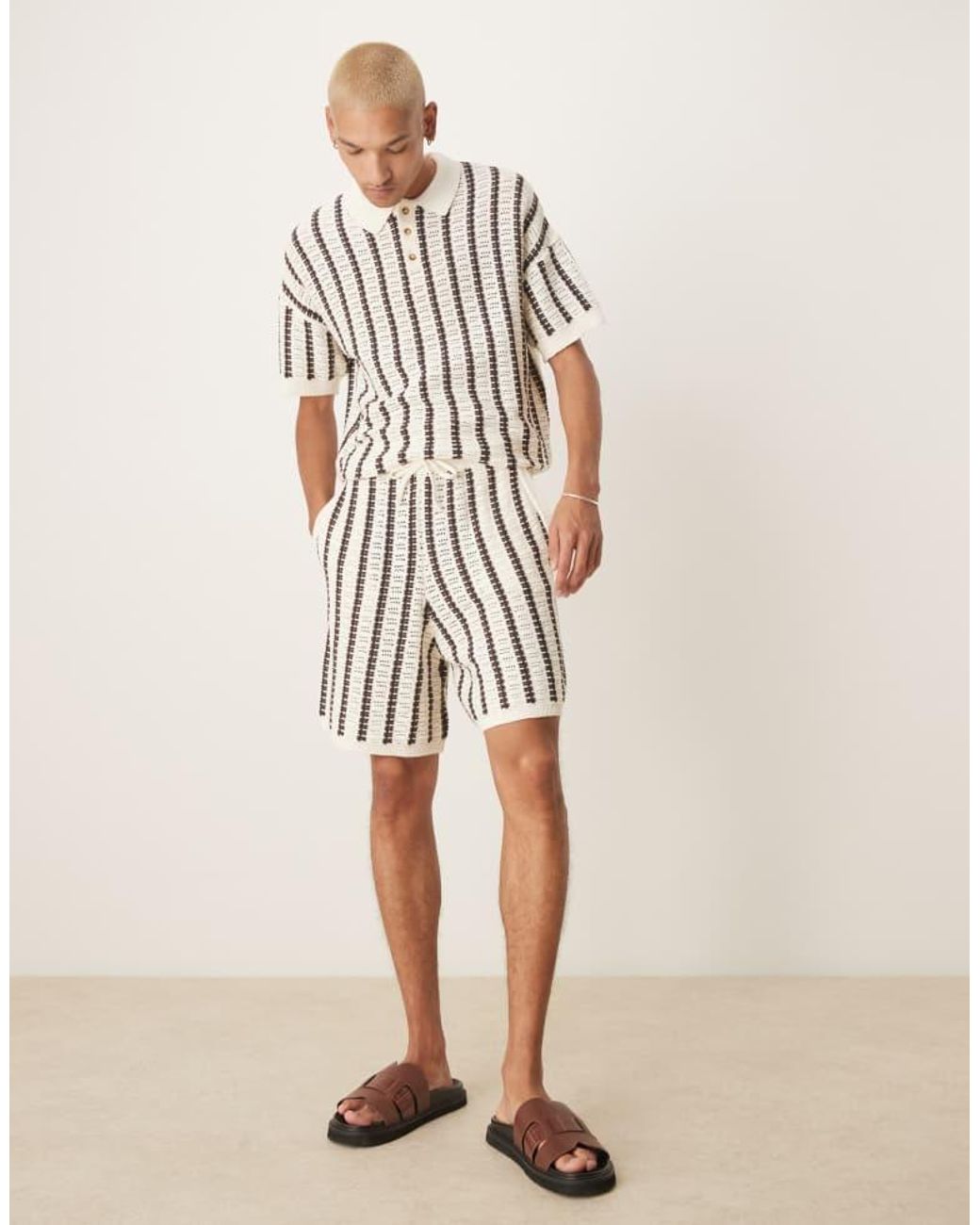 ASOS Natural Co-Ord Relaxed Crochet Knitted Button Through Polo With Stripe Pattern for men