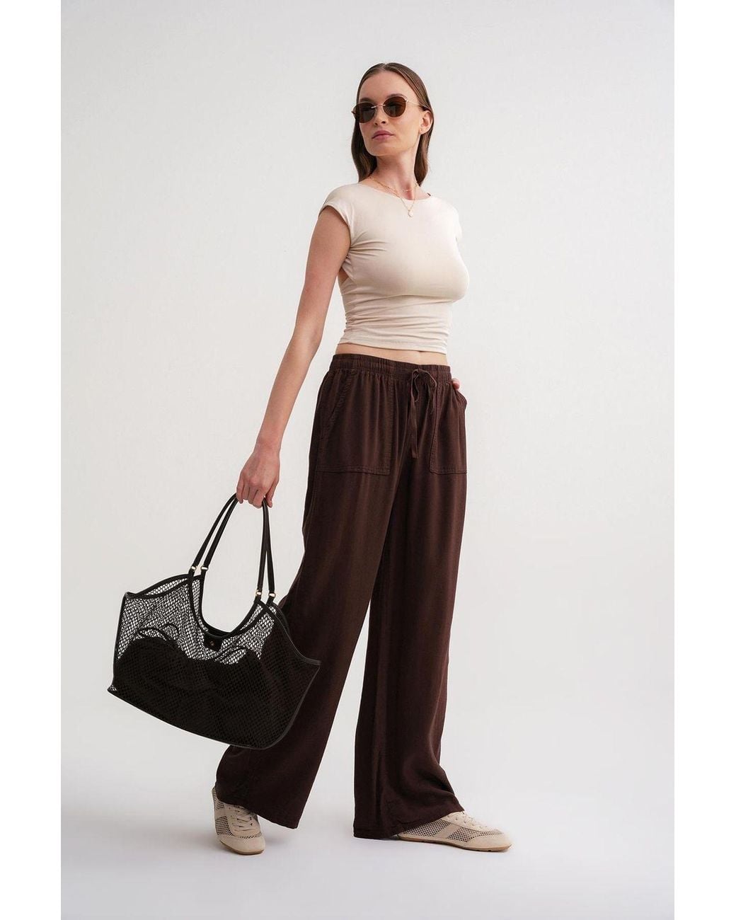 MixRay Brown Mid Waist Straight Leg Cotton Pants With Tie Closure