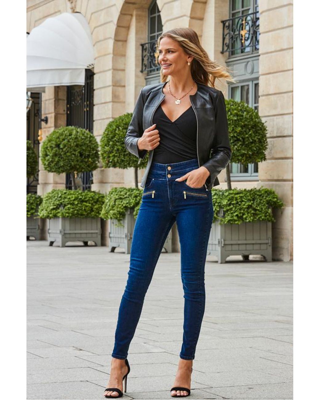 Sosandar Blue Dark High Waisted Zip Detail Biker Jeans