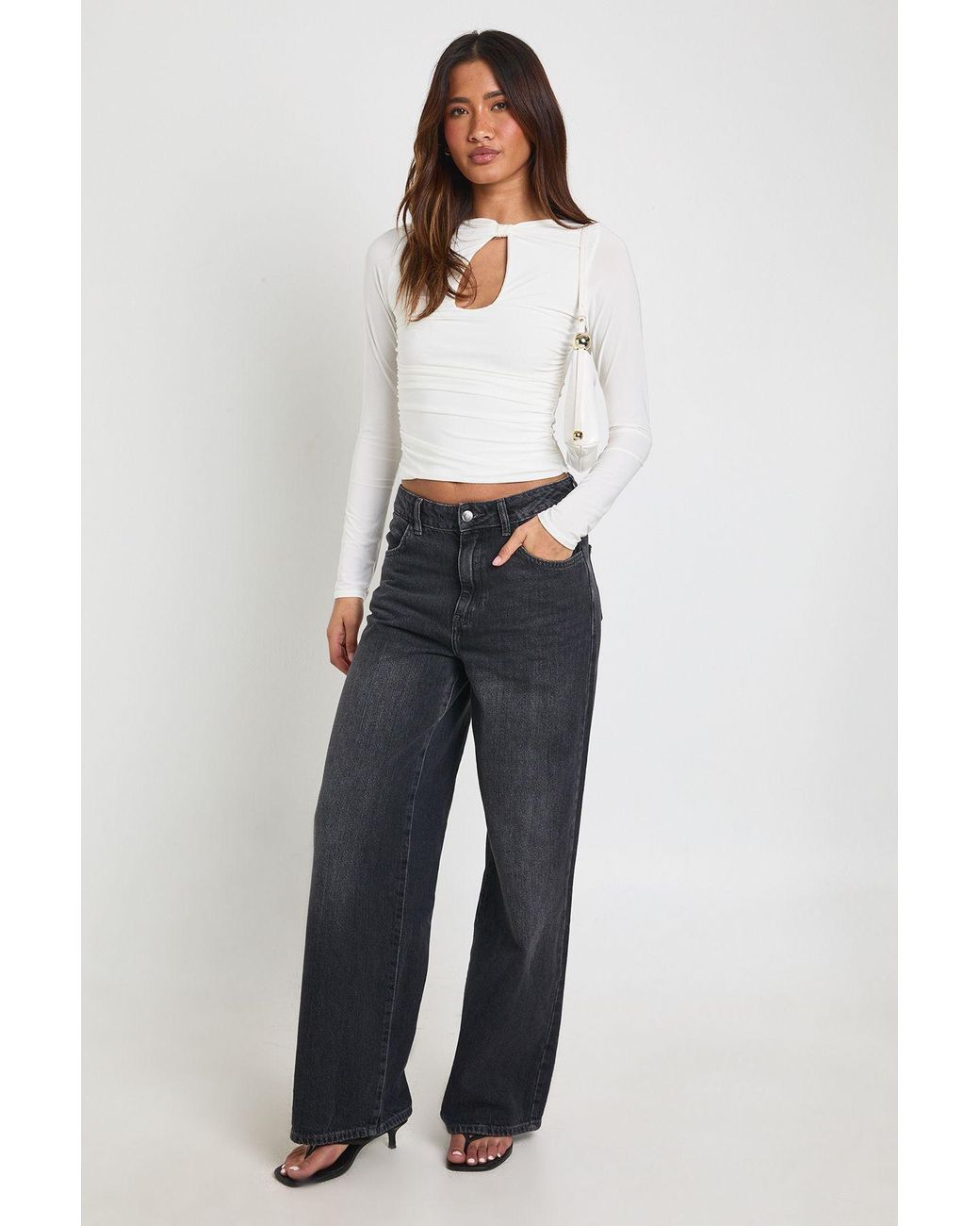 Boohoo White Key Hole Ruched Waist Long Sleeve Top
