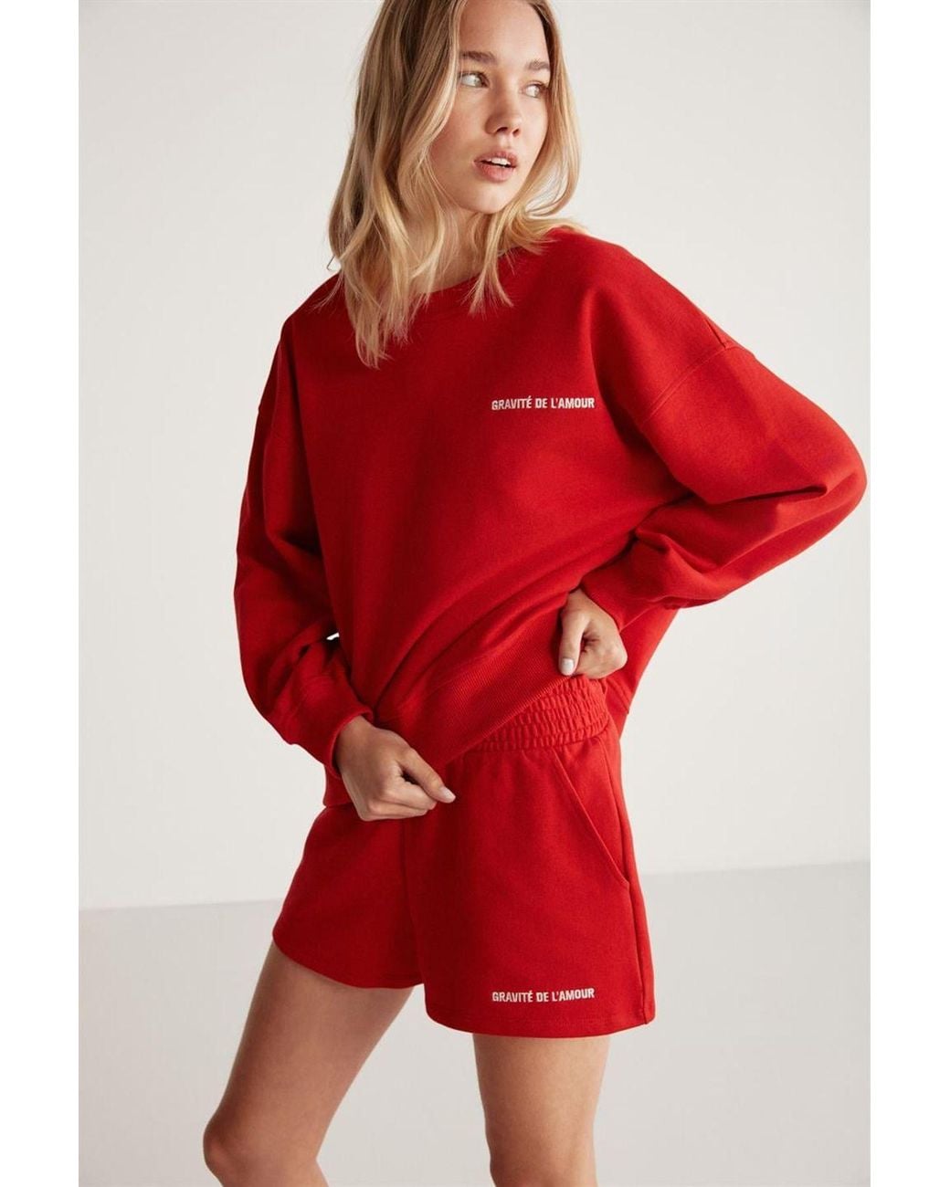 Grimelange Red Relaxed Mid Waist Sweat Shorts