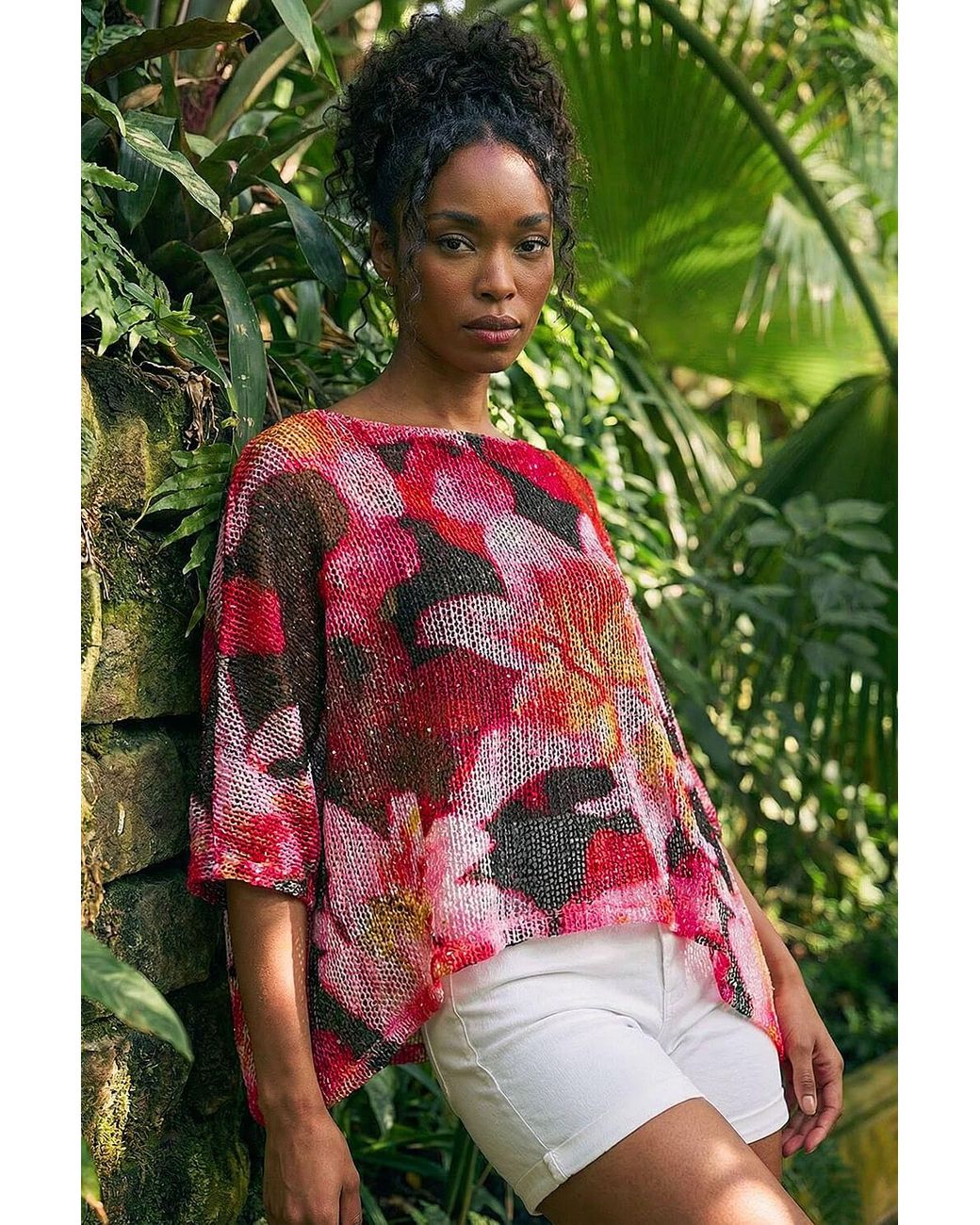 Roman Red Floral Print Mesh Overlay Top