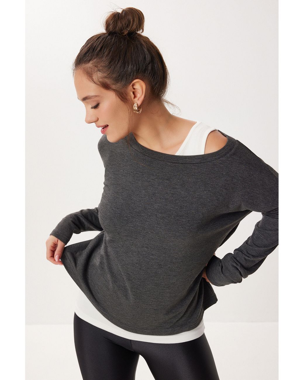 Happiness İstanbul Black Boat Neck Long Sleeve Blouse