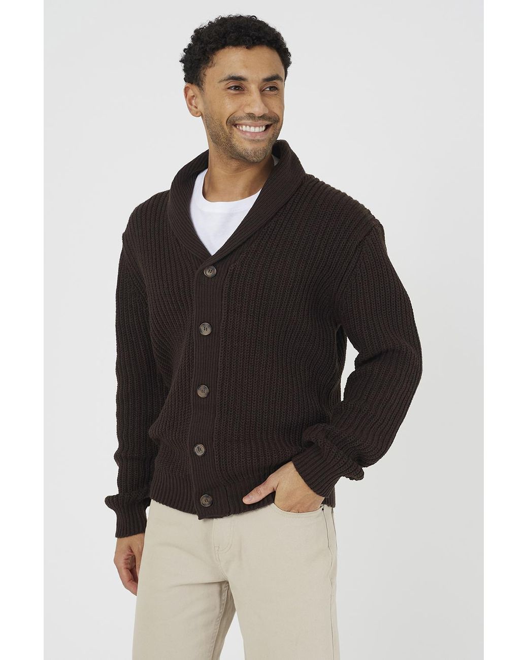 Brave Soul Black Shawl Collar Chunky Knit Cardigan for men