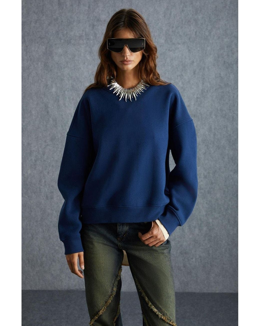Grimelange Blue Oversized Ribbed Crew Neck Sweatshirt