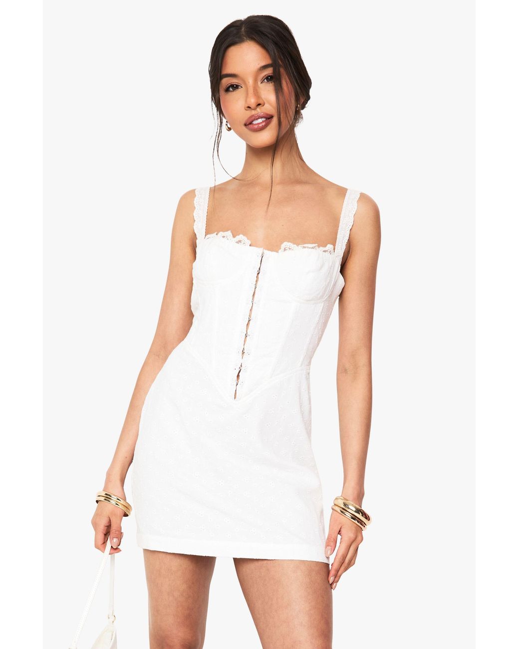 Boohoo White Broderie Structured Corset Detail Mini Dress