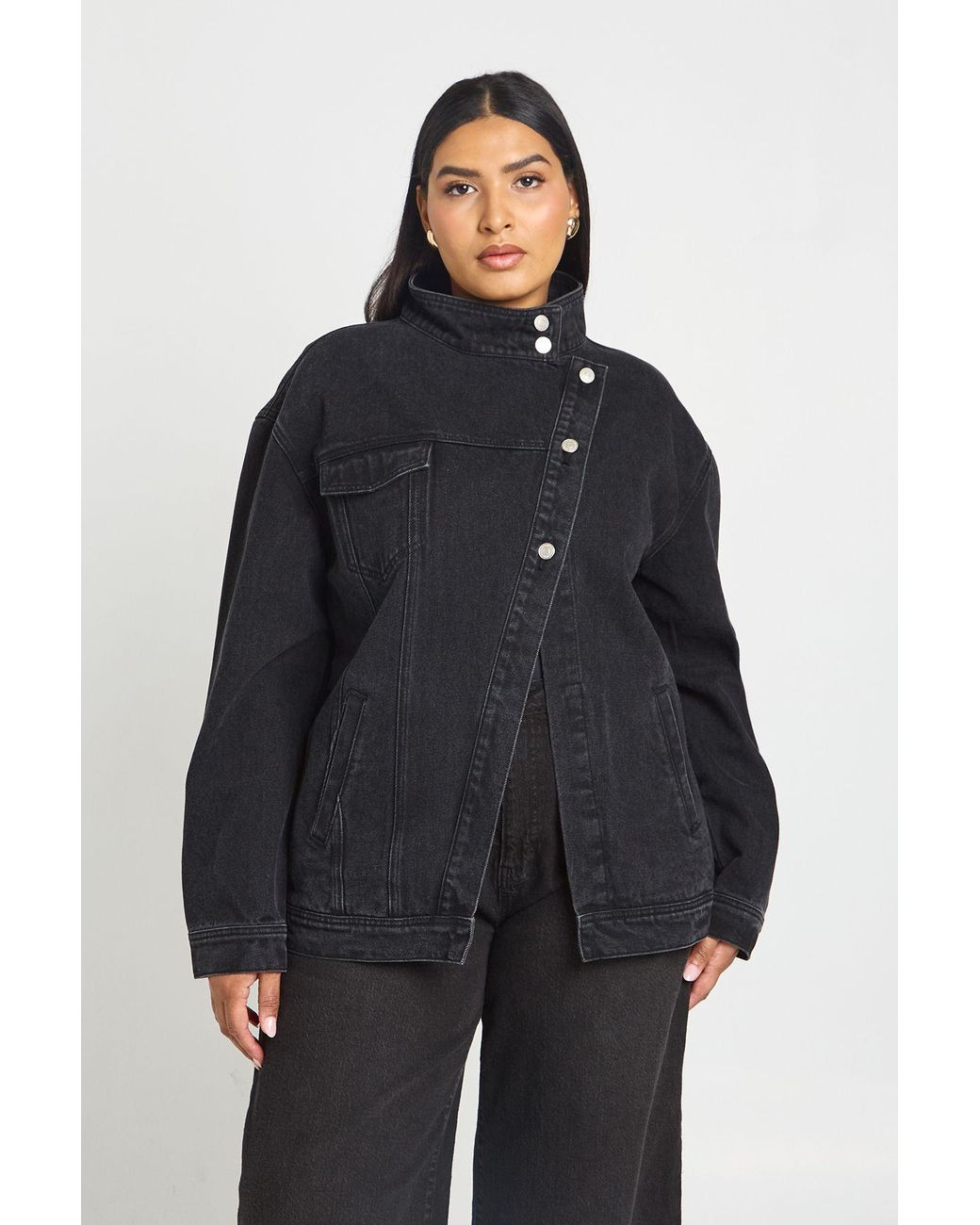 Boohoo Blue Plus Funnel Neck Asymmetric Denim Jacket
