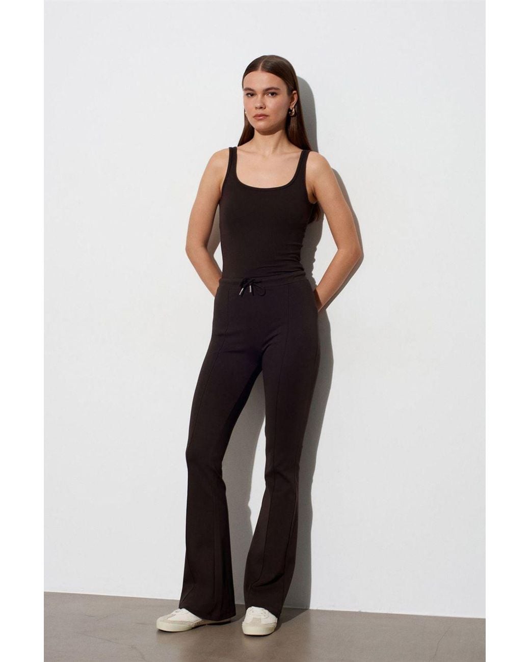 Dilvin Blue Mid-Waist Flare Jersey Pants With Drawstring