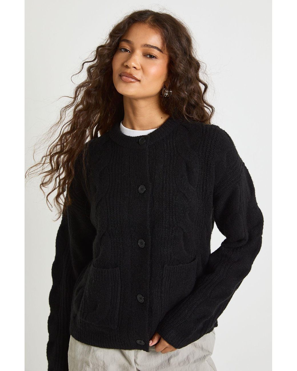 Boohoo Black Cable Pocket Detail Knit Cardigan