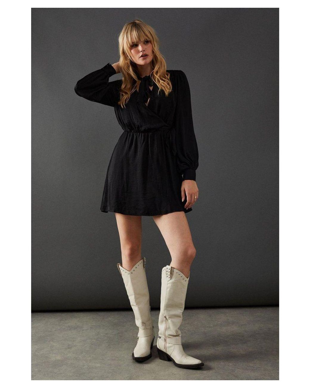 Warehouse Black Satin Tie Neck Flippy Mini Dress