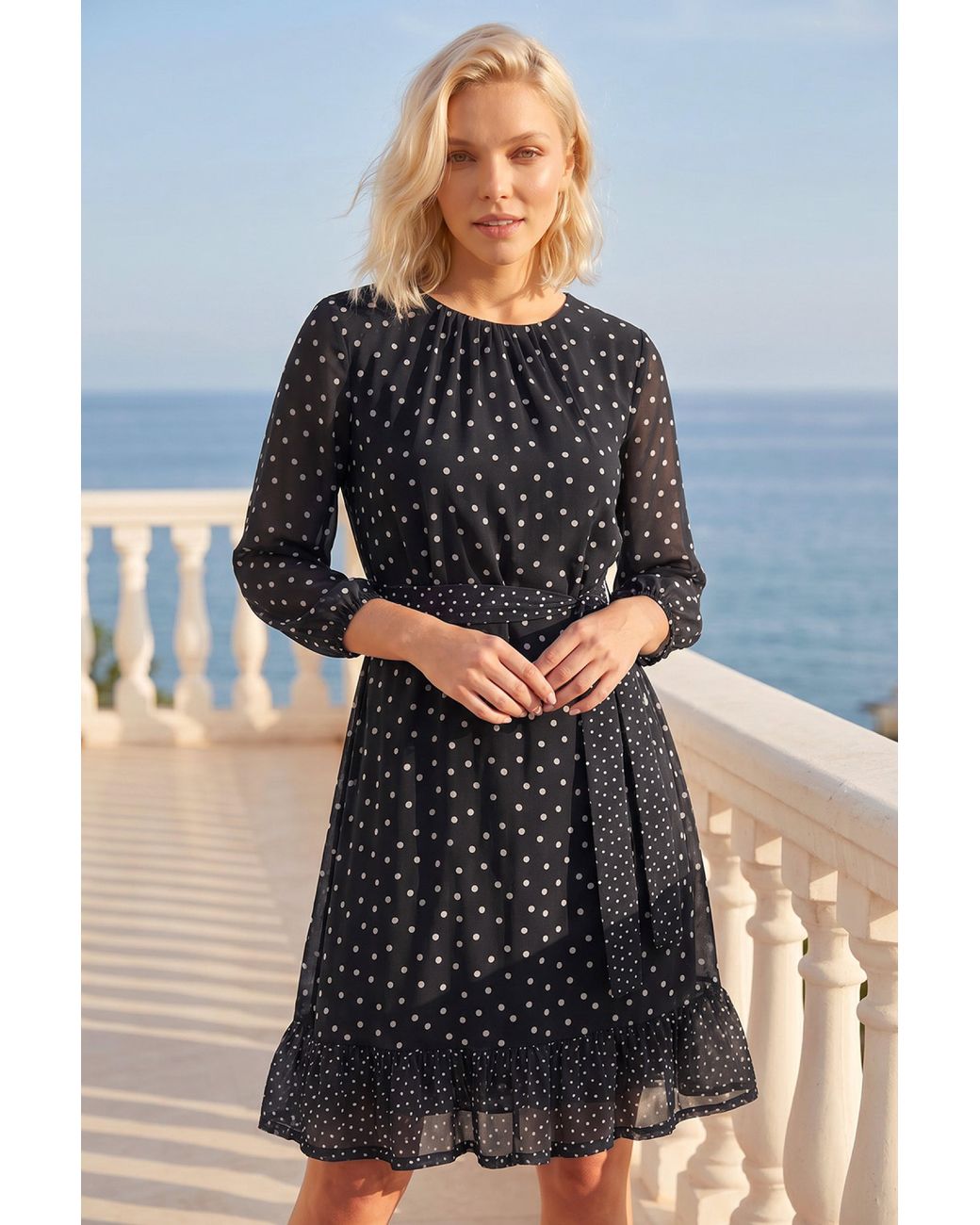Roman Black Petite Frill Hem Dress