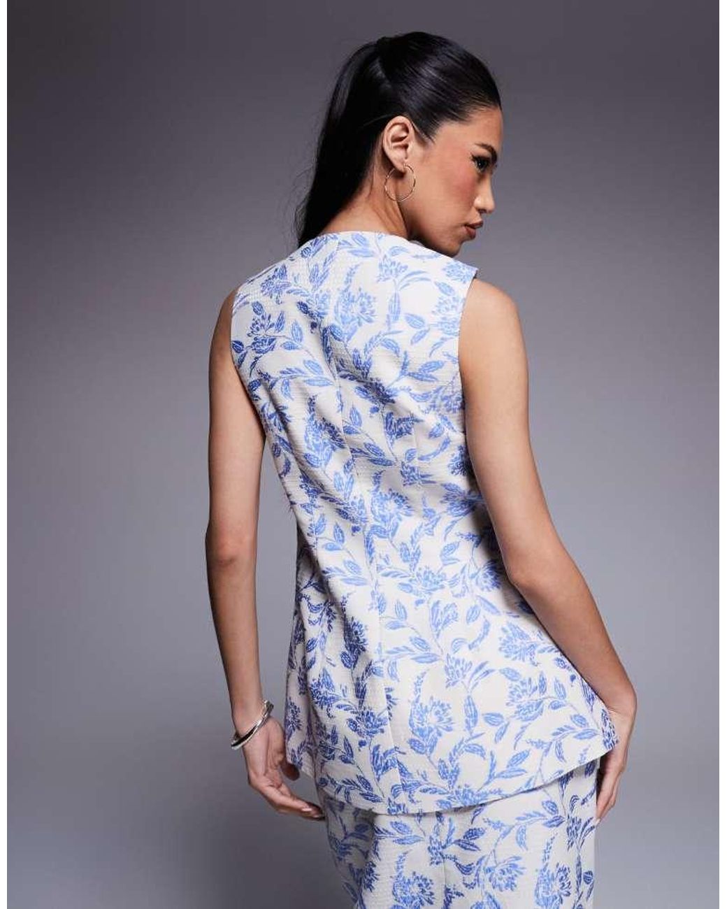ASOS Blue Co-Ord Jacquard Waist Coat With 3D Flowers