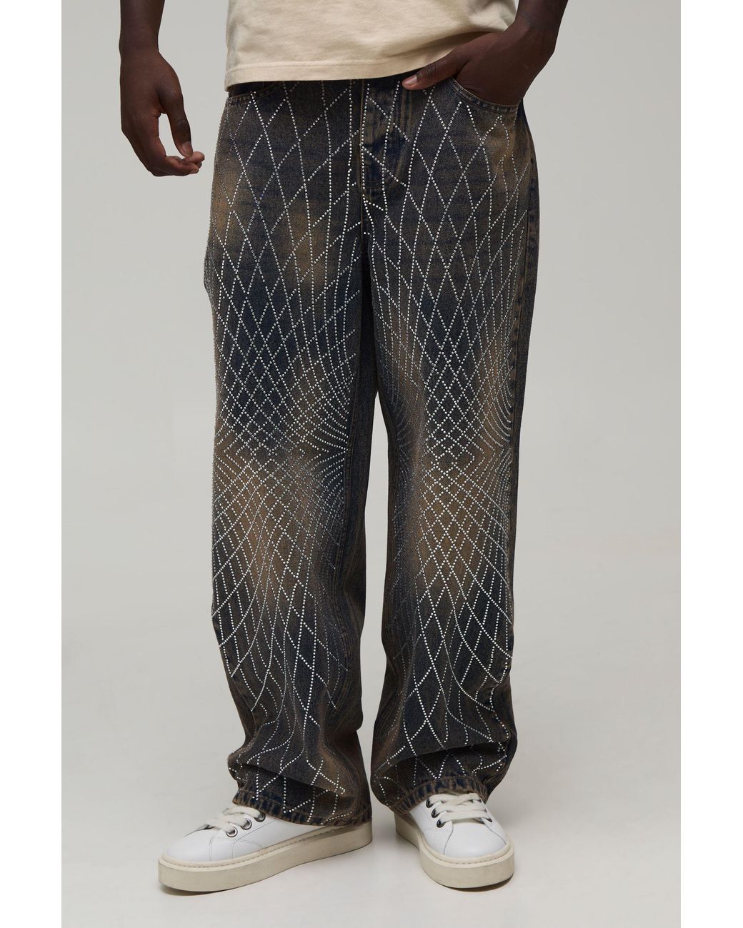 BoohooMAN Gray Geo Rhinestone Antique Wash Relaxed Fit Jeans for men