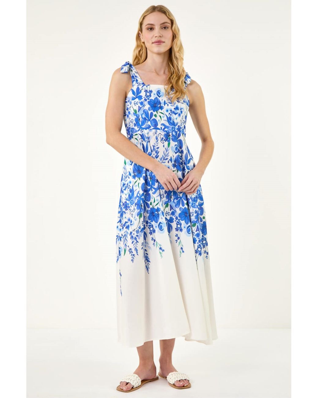 Roman Blue Floral Print Strap Tie Midi Dress