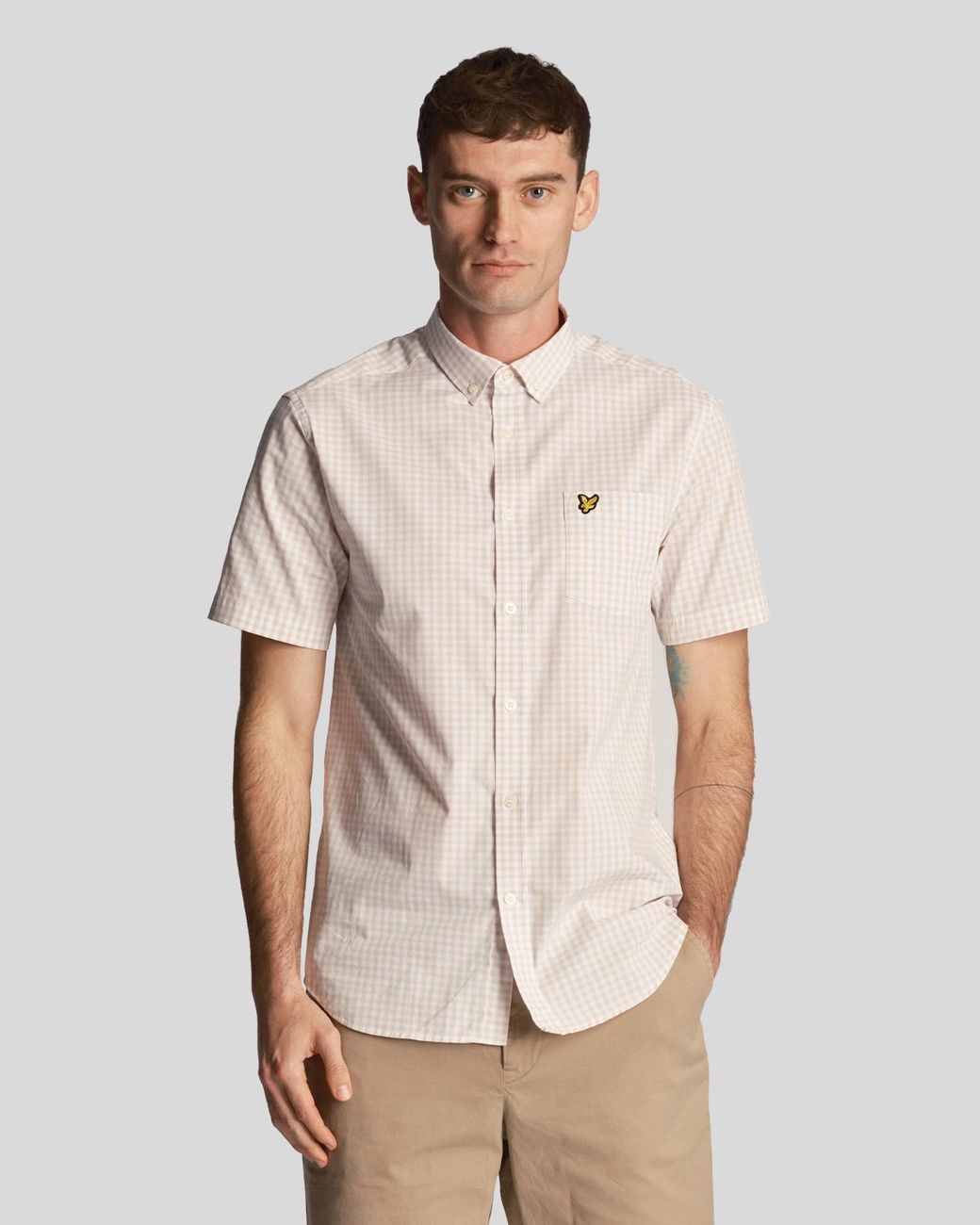 Lyle & Scott Natural Short Sleeve Slim Fit Gingham Shirt for men