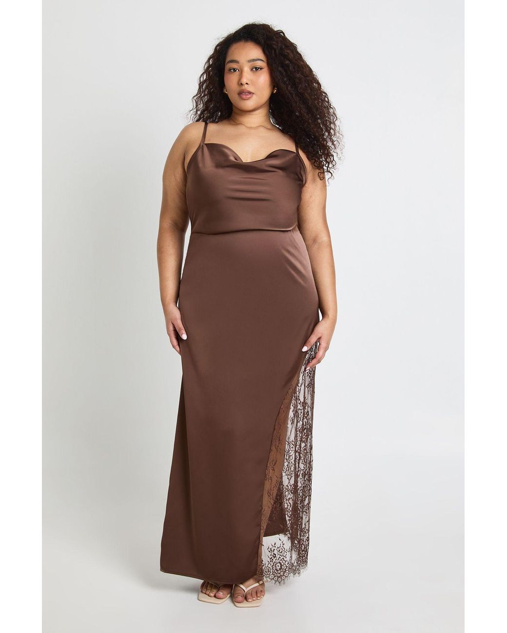 Boohoo Brown Plus Satin Cowl Lace Insert Maxi Dress
