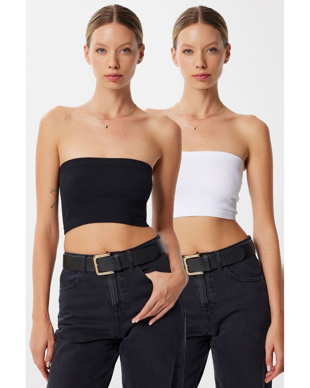 Happiness İstanbul Black Ribbed Bandeau Crop Blouse
