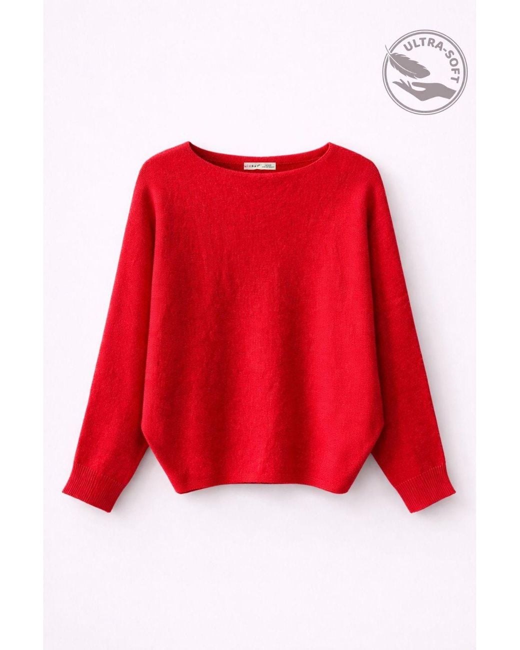 MixRay Red Oversized Boat Neck Ribbed Knit Sweater