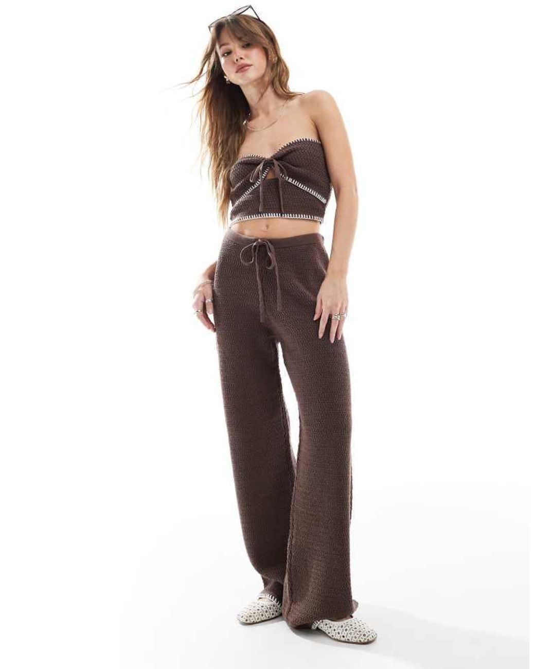 4th & Reckless Brown Knitted Contrast Stitch Cut Out Bandeau Beach Top Co-Ord