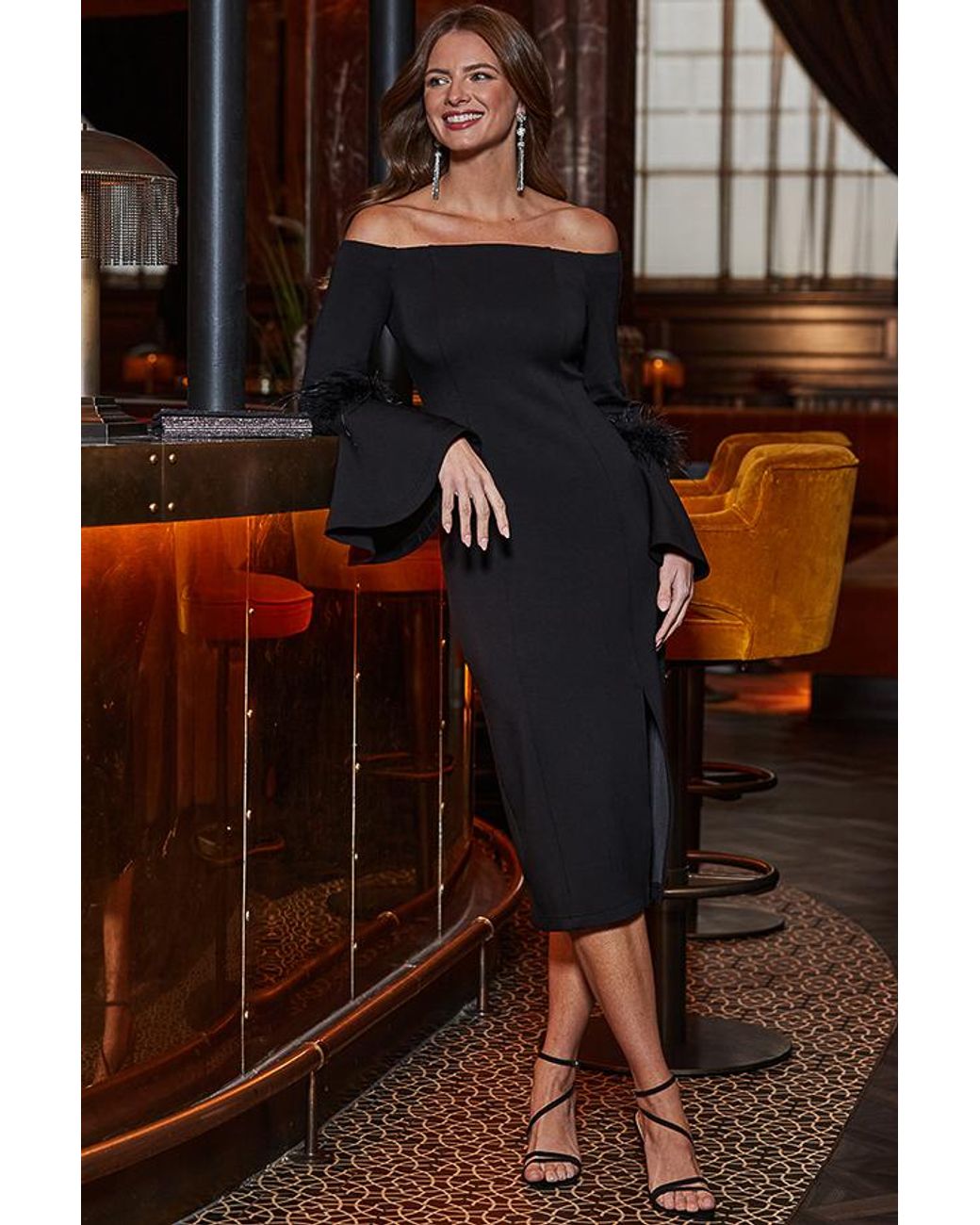 Sosandar Black Bardot Dress With Luxe Feather Sleeve Detail