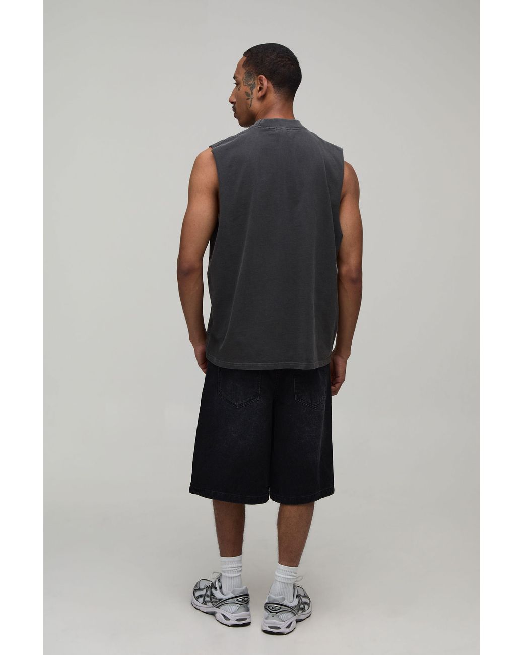 BoohooMAN Gray Washed Oversized Boxy Monte Carlo Print Tank Cotton for men