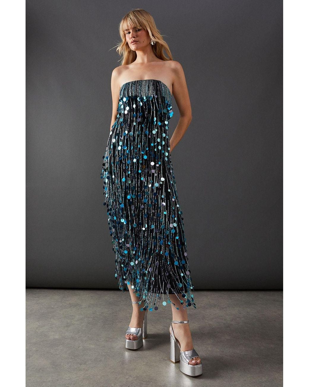 Warehouse Premium Fringe Bead Embellished Bandeau Midi Dress in Blue | Lyst UK Warehouse Premium Fringe Bead Embellished Bandeau Midi Dress in Blue | Lyst UK