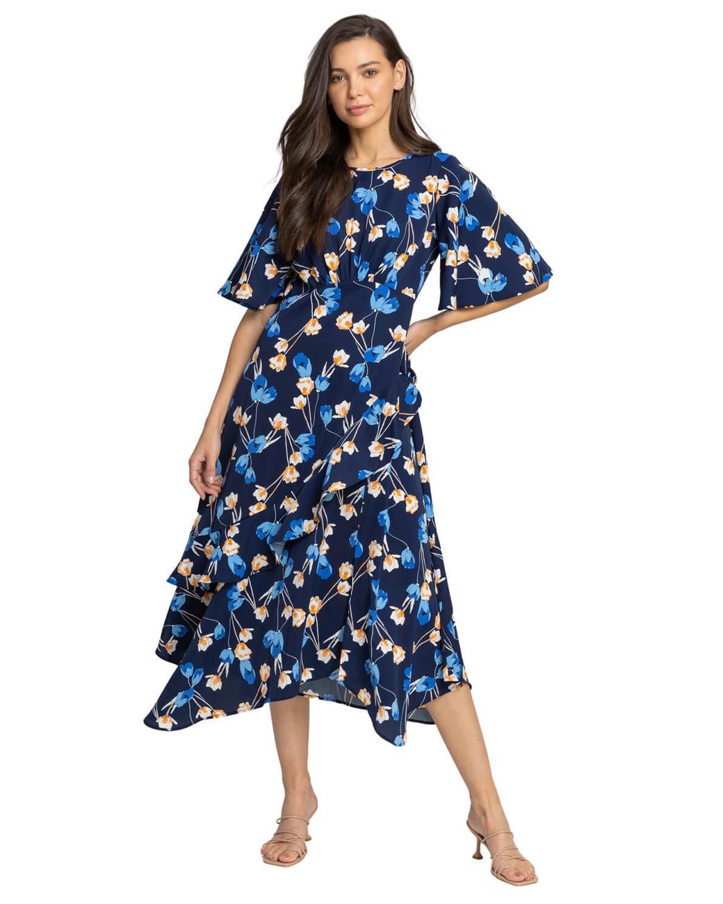 Roman Blue Floral Print Chiffon Midi Dress