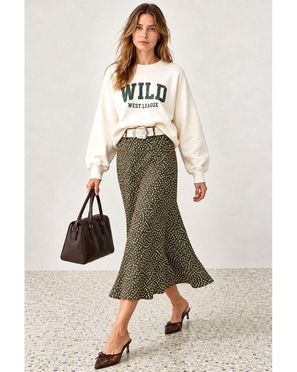 Hiccup Natural Polka Dot Belted Satin Midi Skirt