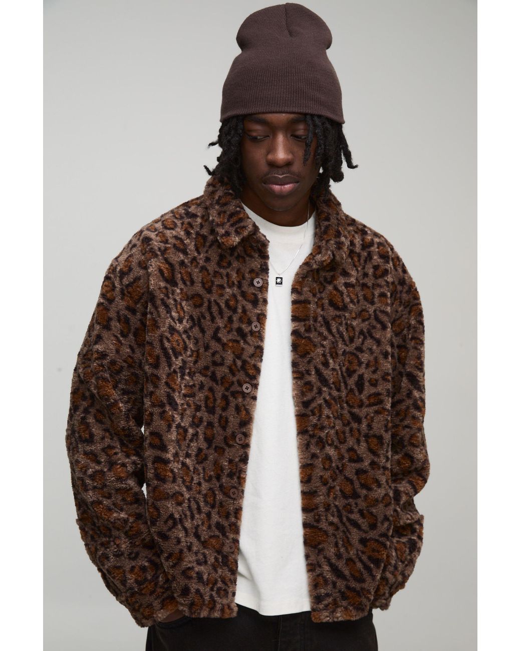 BoohooMAN Brown Oversized Leopard Borg Overshirt for men