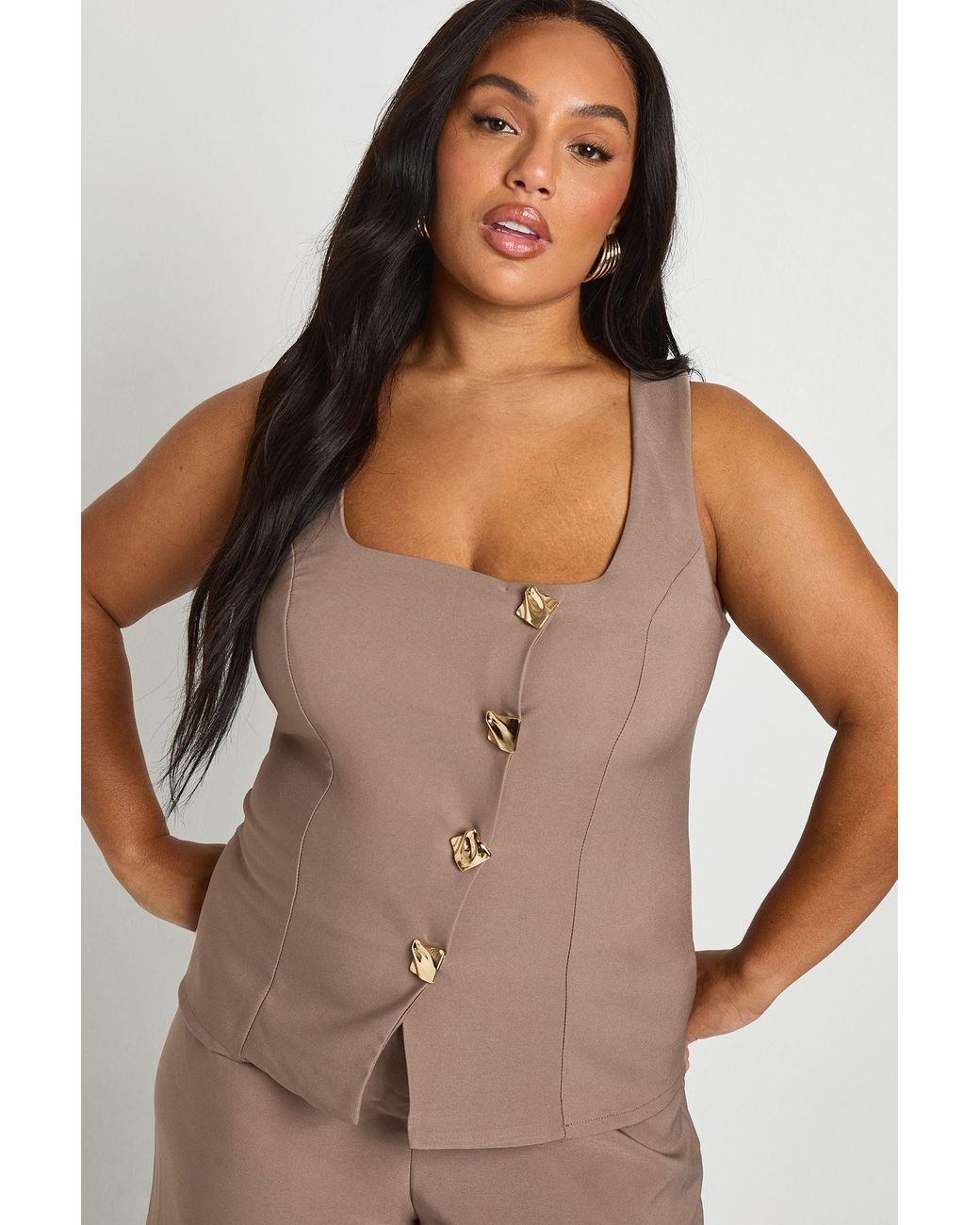 Boohoo Brown Plus Asymmetric Trim Detail Waistcoat And Wide Leg Tailored Trouser Co Ord