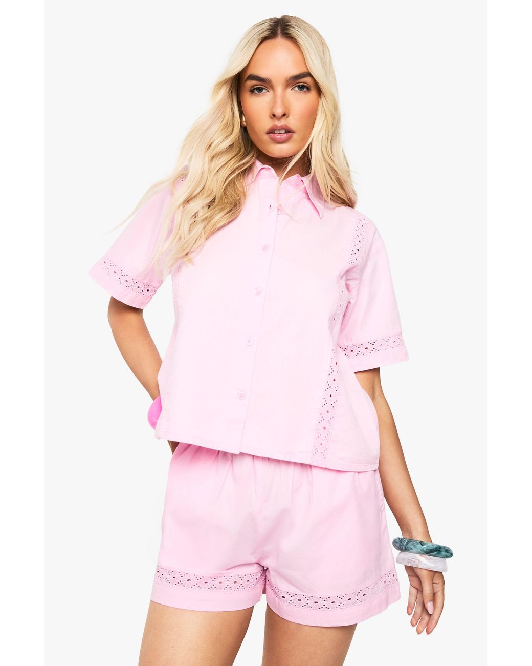 Boohoo Pink Embroidered Poplin Resort Shirt