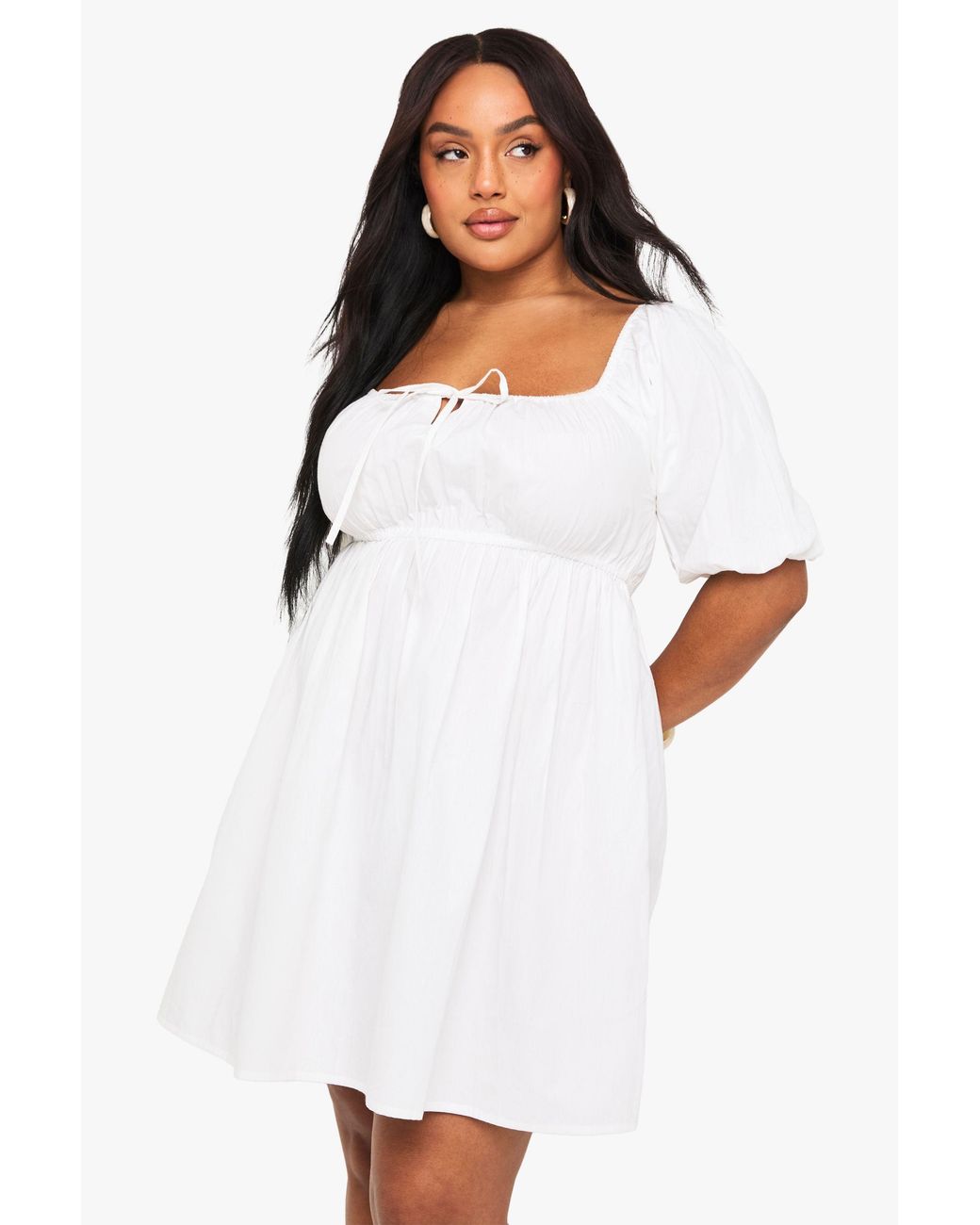 Boohoo White Plus Tie Front Pleated Cotton Skater Dress