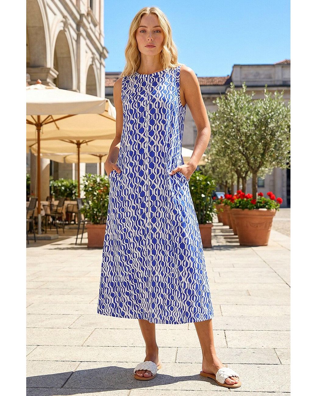 Roman Blue Geo Print Pocket Midi Dress