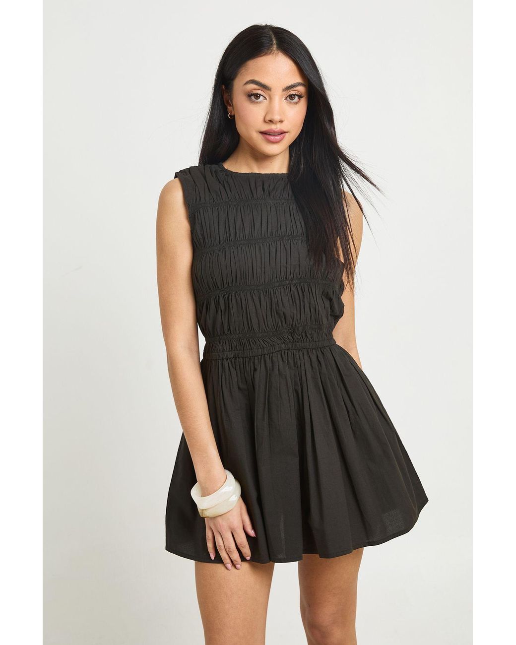 Boohoo Black Cotton Poplin Shirred Mini Dress