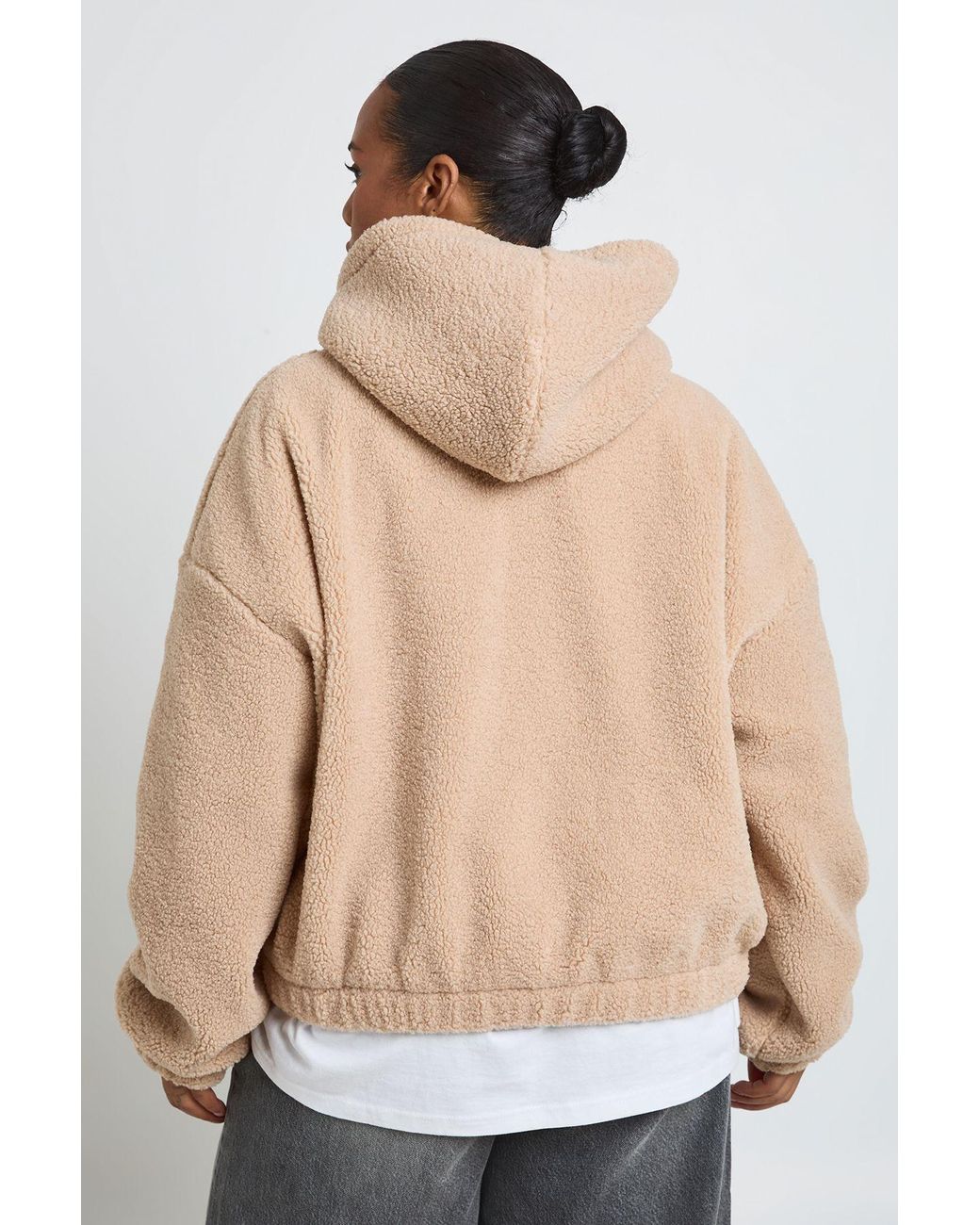 Boohoo Natural Plus Hooded Teddy Bomber Jacket