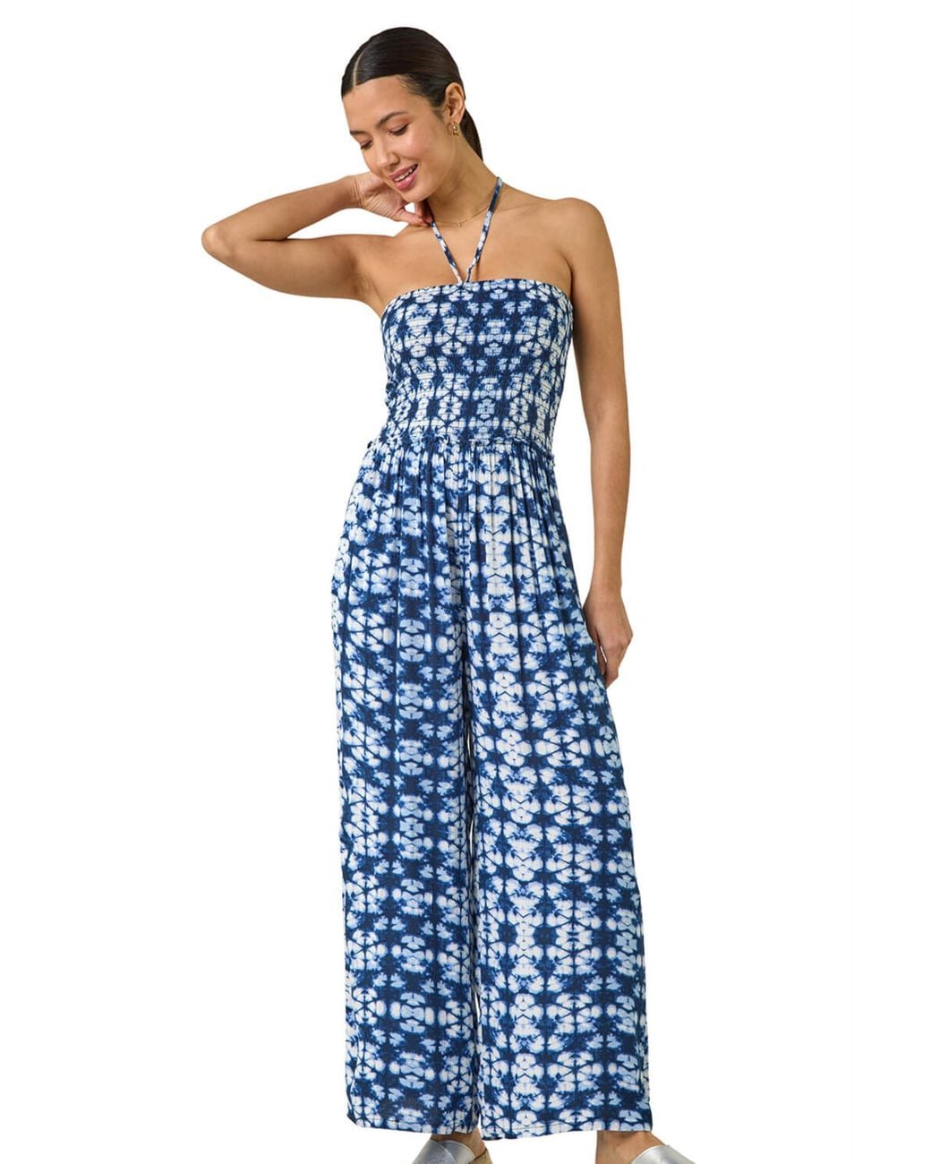 Roman Blue Abstract Shirred Bardot Jumpsuit