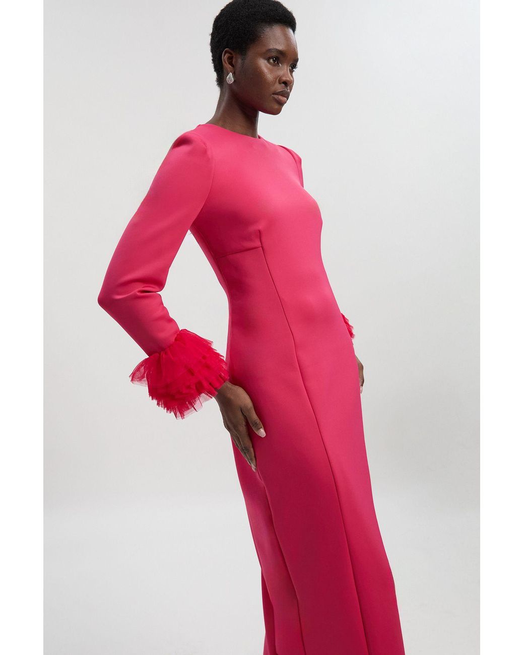Karen Millen Pink Scuba Drama Tulle Detail Cuff Woven Midi Dress