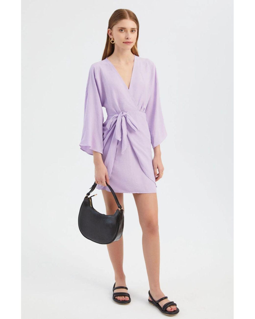 Hiccup Purple V Neck Balloon Sleeves Mini Wrap Dress