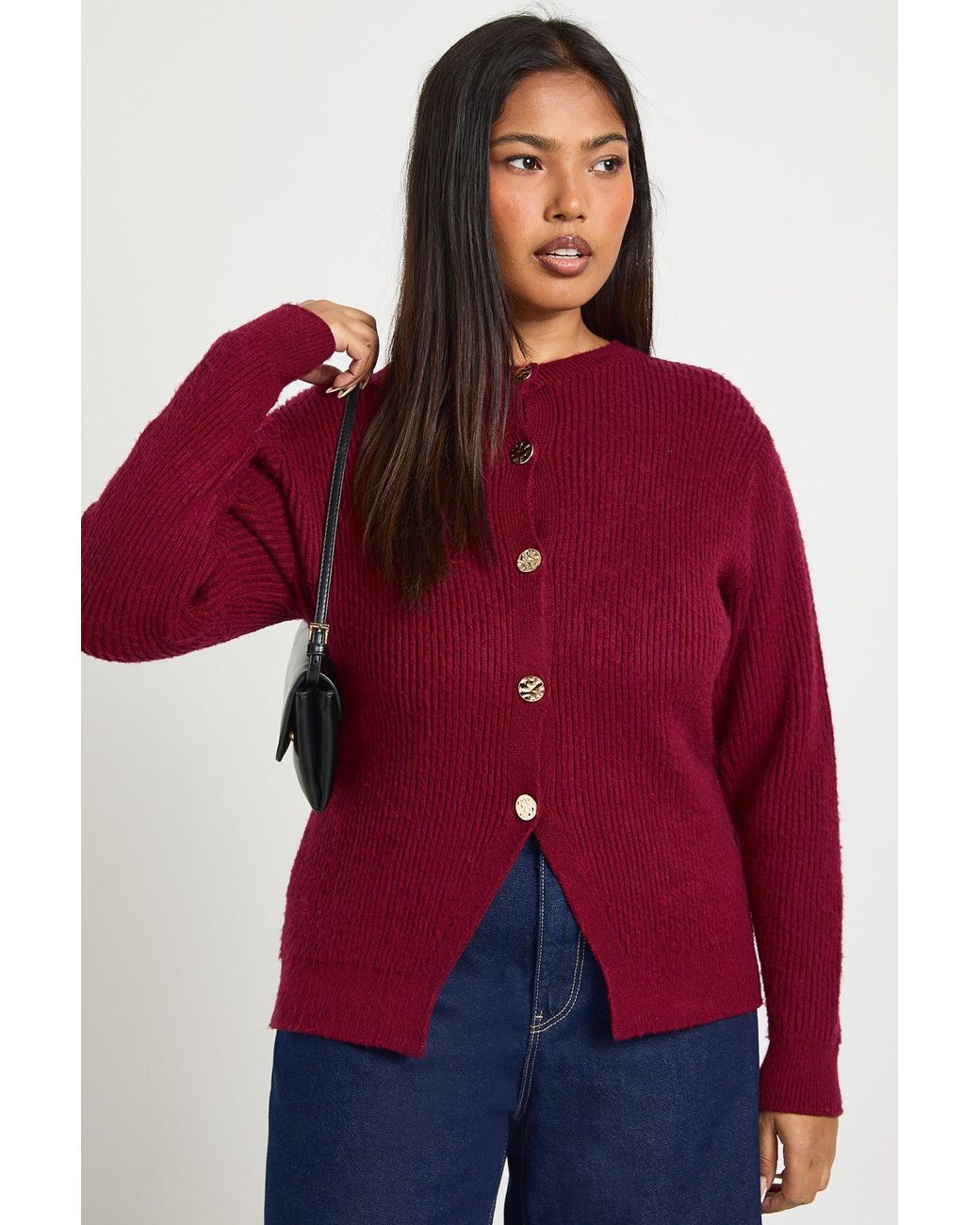 Boohoo Red Plus Button Crew Neck Knit Cardigan