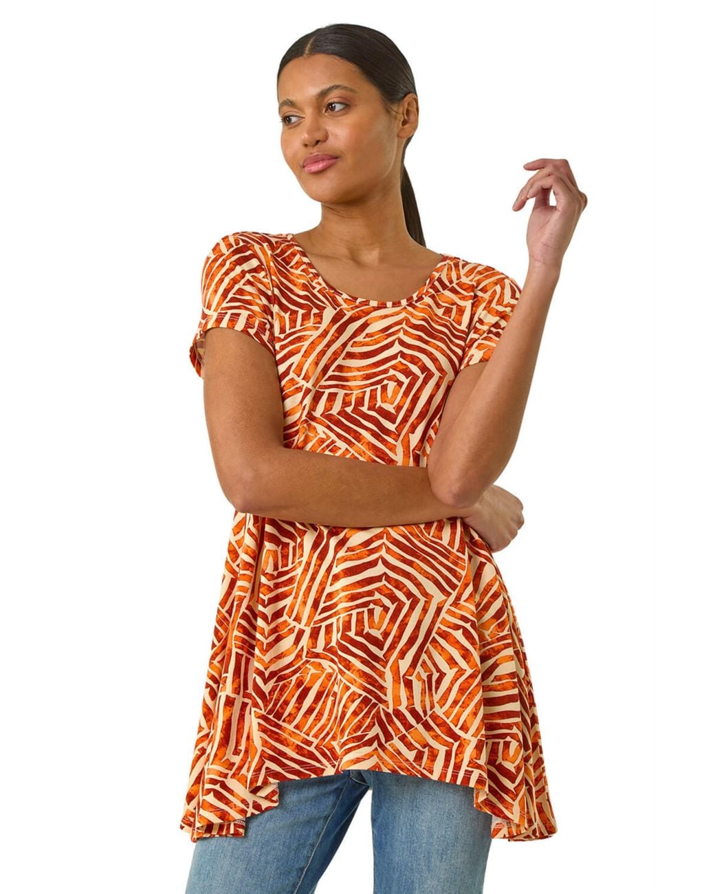 Roman Orange Leaf Print Hanky Hem Tunic Top