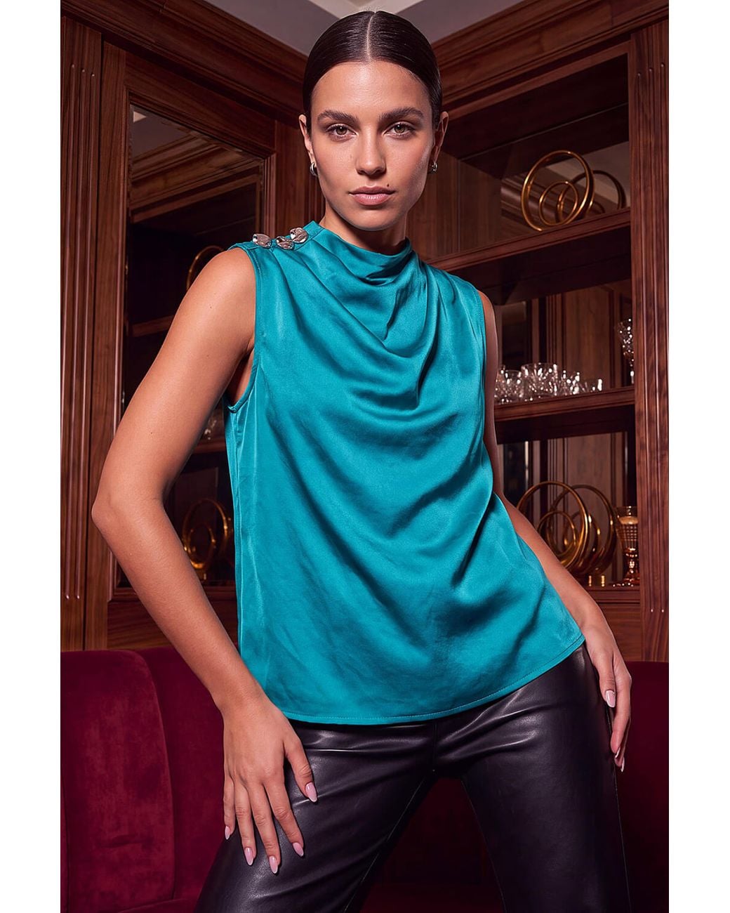 Roman Blue Satin Cowl Neck Top