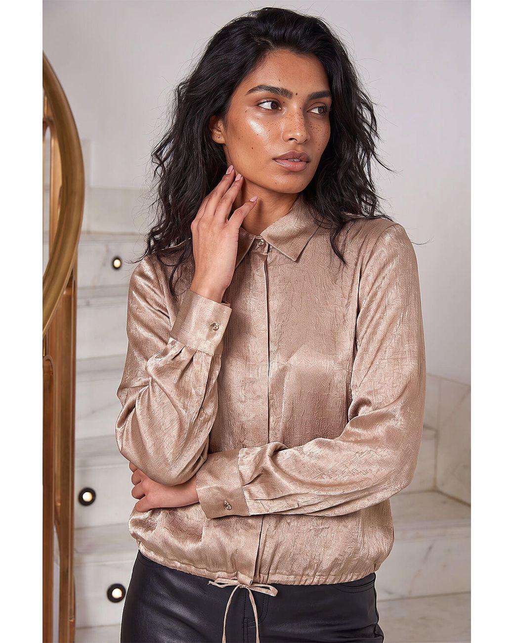 Roman Brown Crinkle Satin Tie Hem Shirt