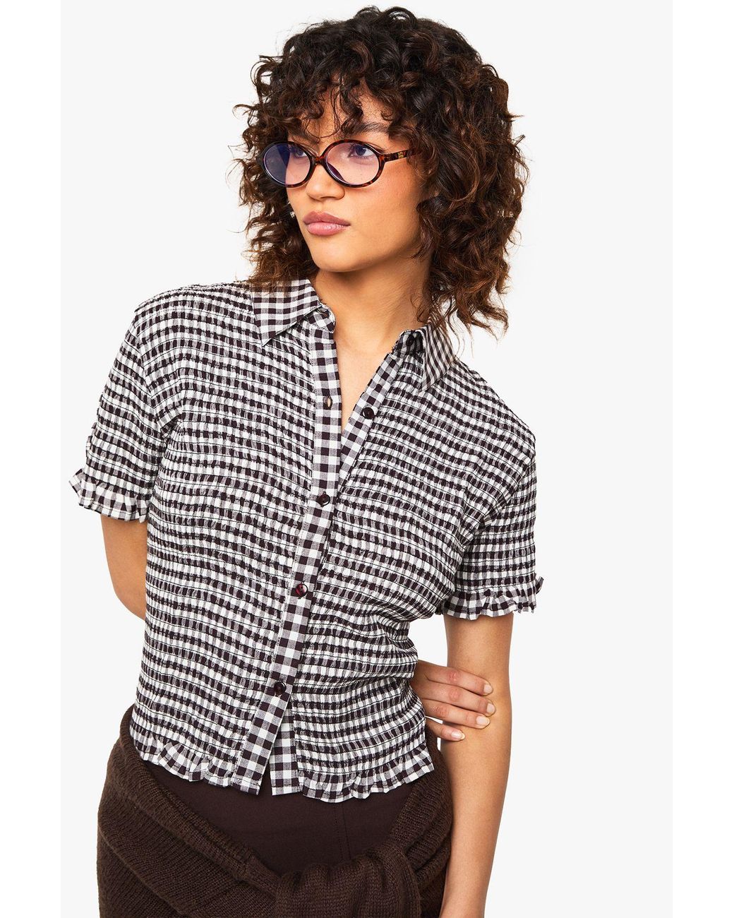 Boohoo Gray Smocked Gingham Crop Shirt