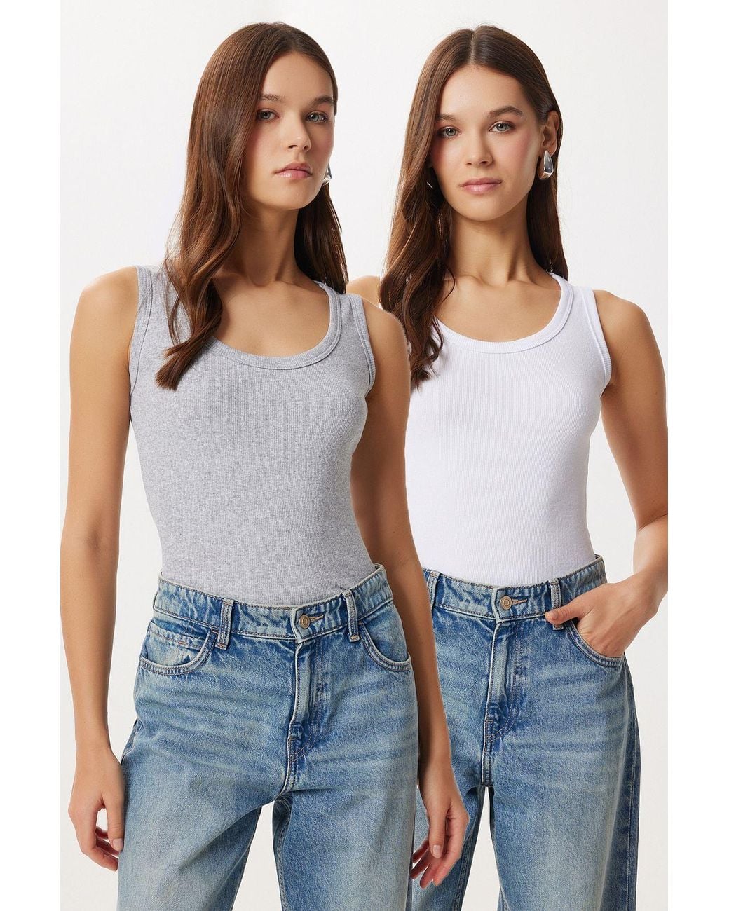 Happiness İstanbul Blue Fitted U Collar Knitted 2- Pack Tank Top