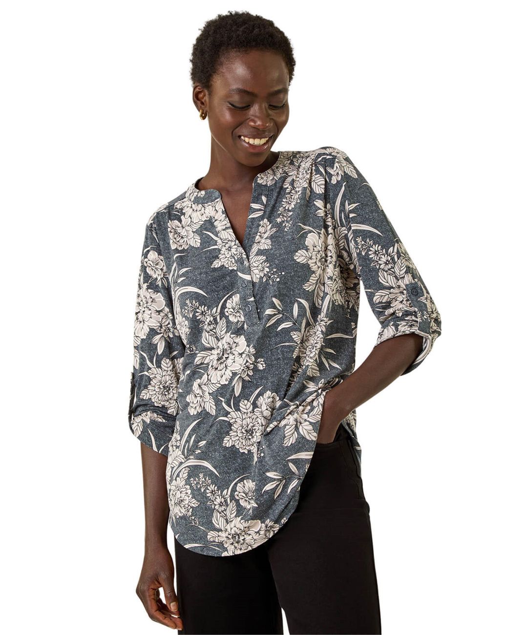 Roman Gray Floral Puff Print Stretch Shirt