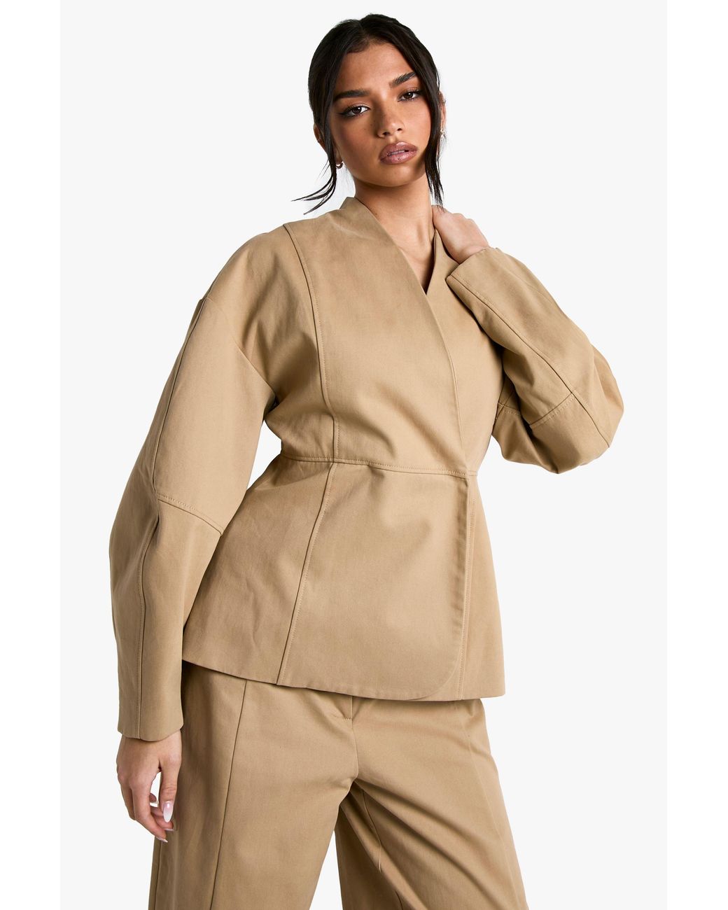 Boohoo Natural Tailored Twill Barrel Sleeve Blazer