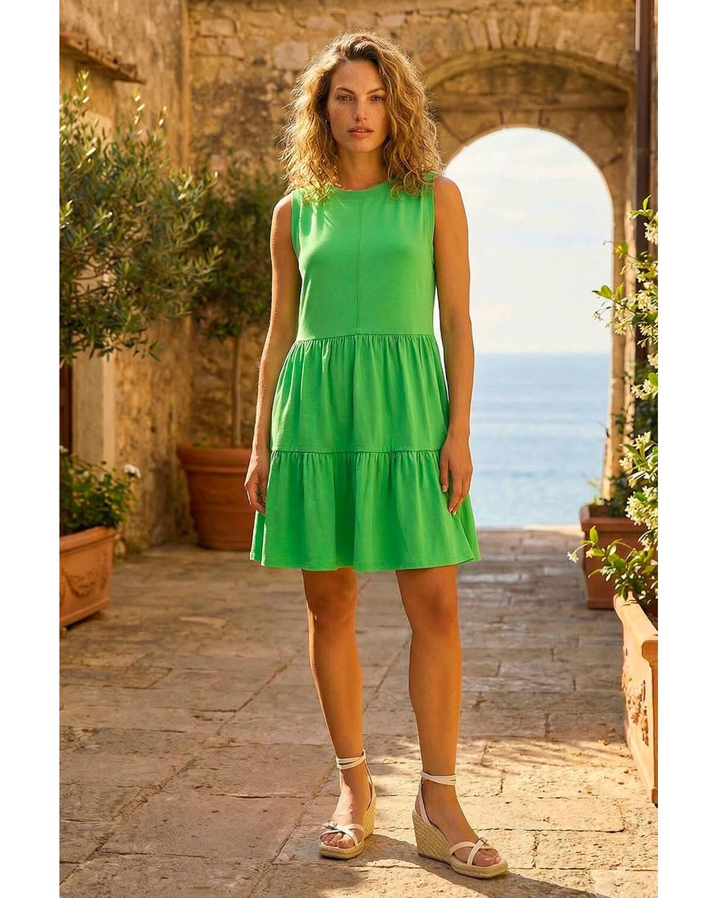 Roman Green Cotton Tiered Stretch Dress
